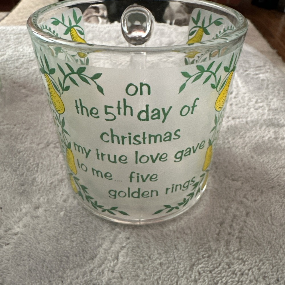 Vintage 12 Days of Christmas‎ Glass Mug 5th Day Five Golden Rings Pears Green
